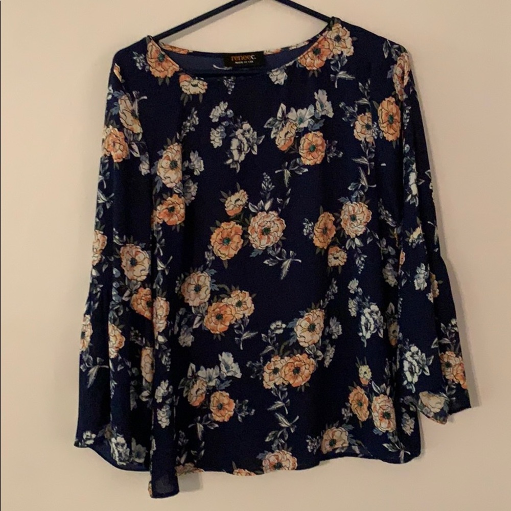 Navy floral top with flare sleeves